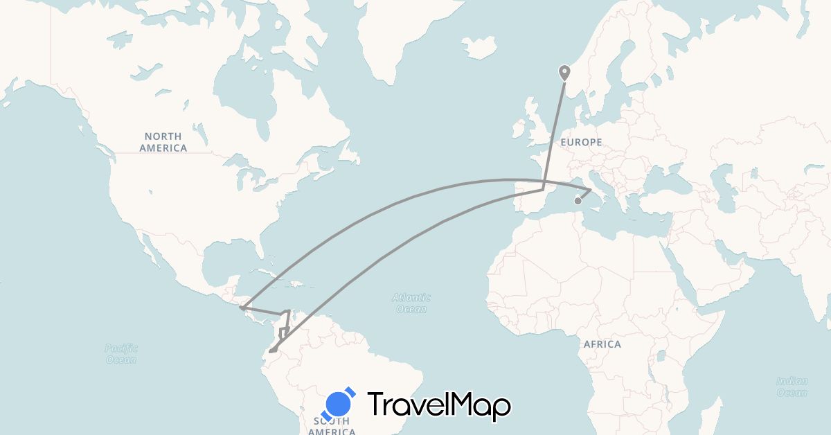 TravelMap itinerary: driving, plane in Colombia, Ecuador, Spain, Italy, Nicaragua, Norway (Europe, North America, South America)